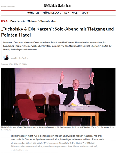 Westf. Nachrichten / Robin Gerke: „Tucholsky & Die Katzen“: Solo-Abend mit Tiefgang und Pointen-Hagel (15.02.2026)